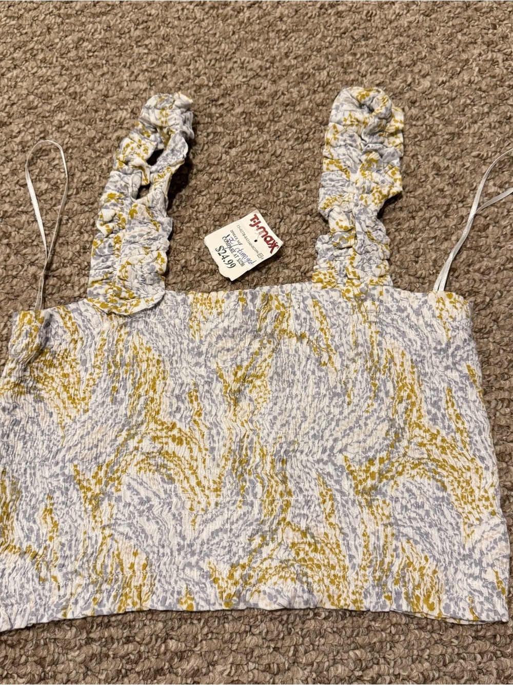 Paper Crane Smocked Square Neck Tank Top in White, Grey and Mustard NWT